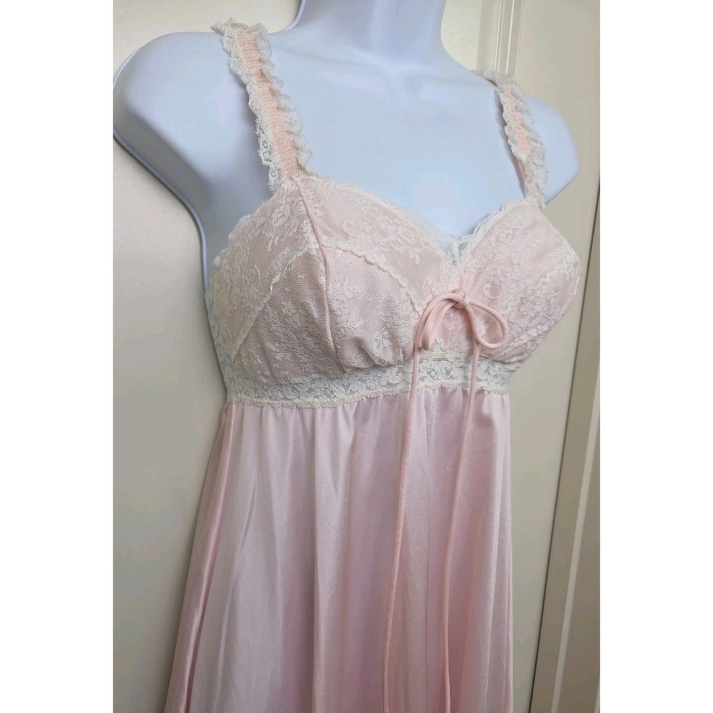 Vtg Olga Sleeping Pretty Babydoll Nightgown Lace Bodice Chiffon Pink Sz 34 9102